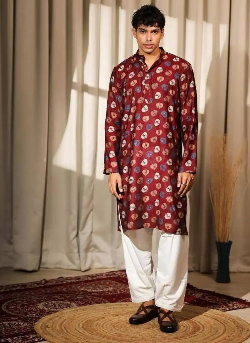 Maroon work modal silk print kurta