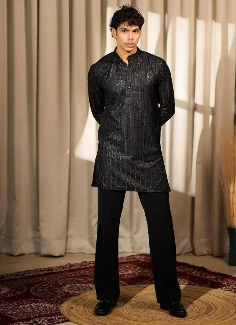 Black work silk blend embroidered kurta pajama