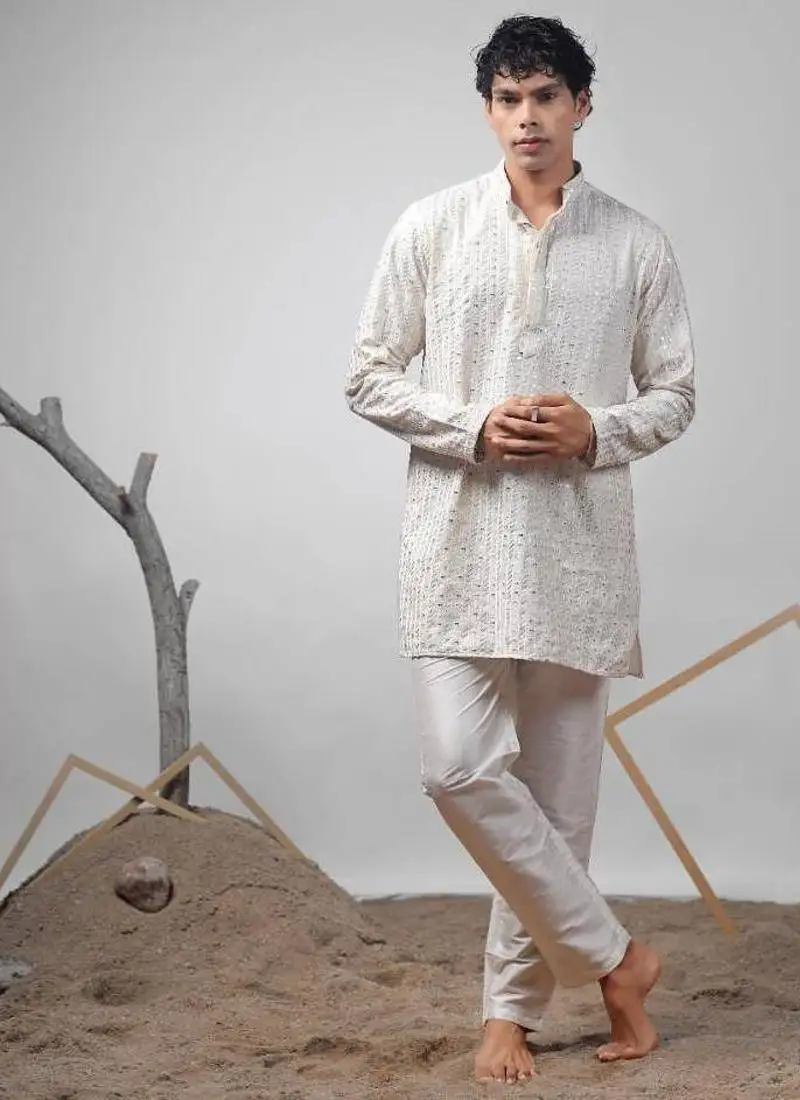 Off white work silk blend embroidered kurta pajama