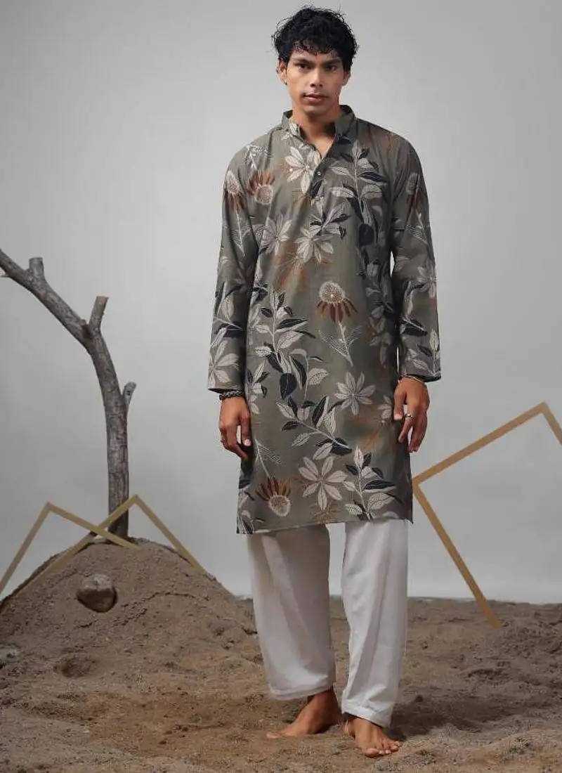 Dusty green work muslin print kurta
