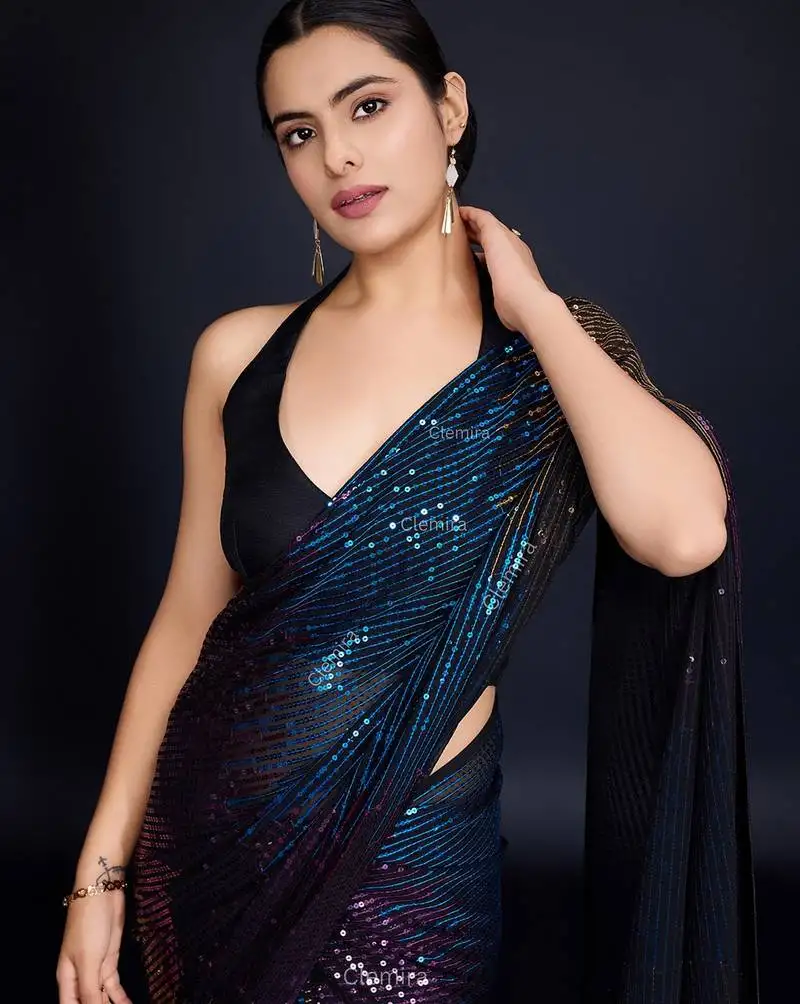 Black embellished georgette saree with unstitched blouse