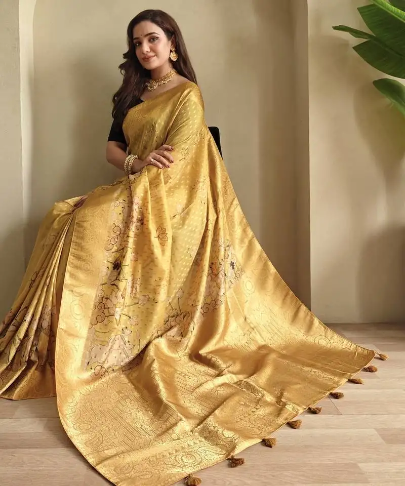 Yellow viscose georgette saree with weaving design