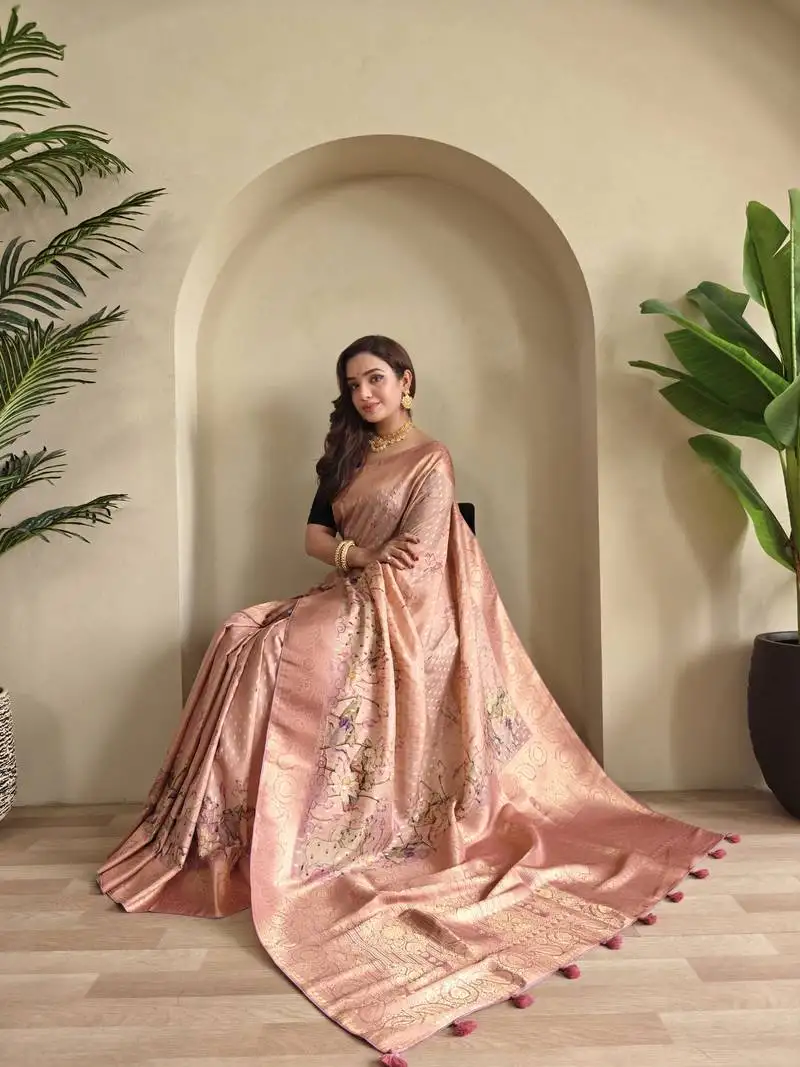 Peach viscose georgette saree weaving design
