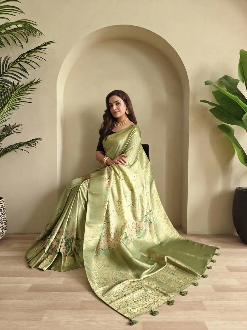 Green viscose georgette saree with weaving design