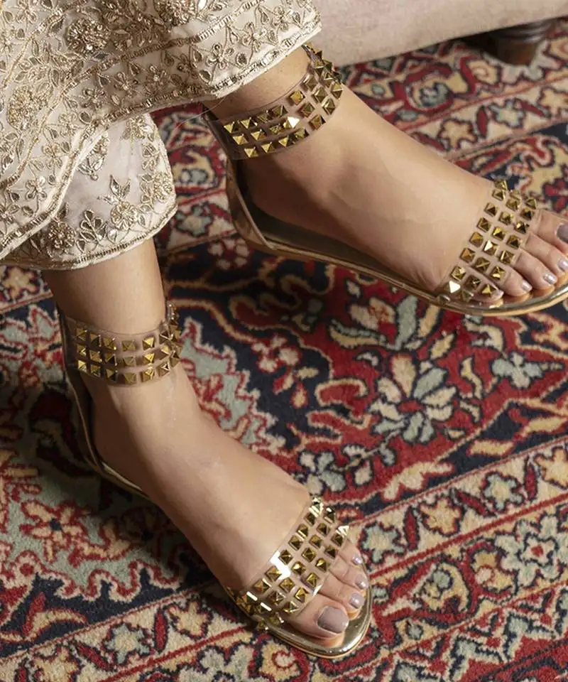 Gold embroidered leather flats