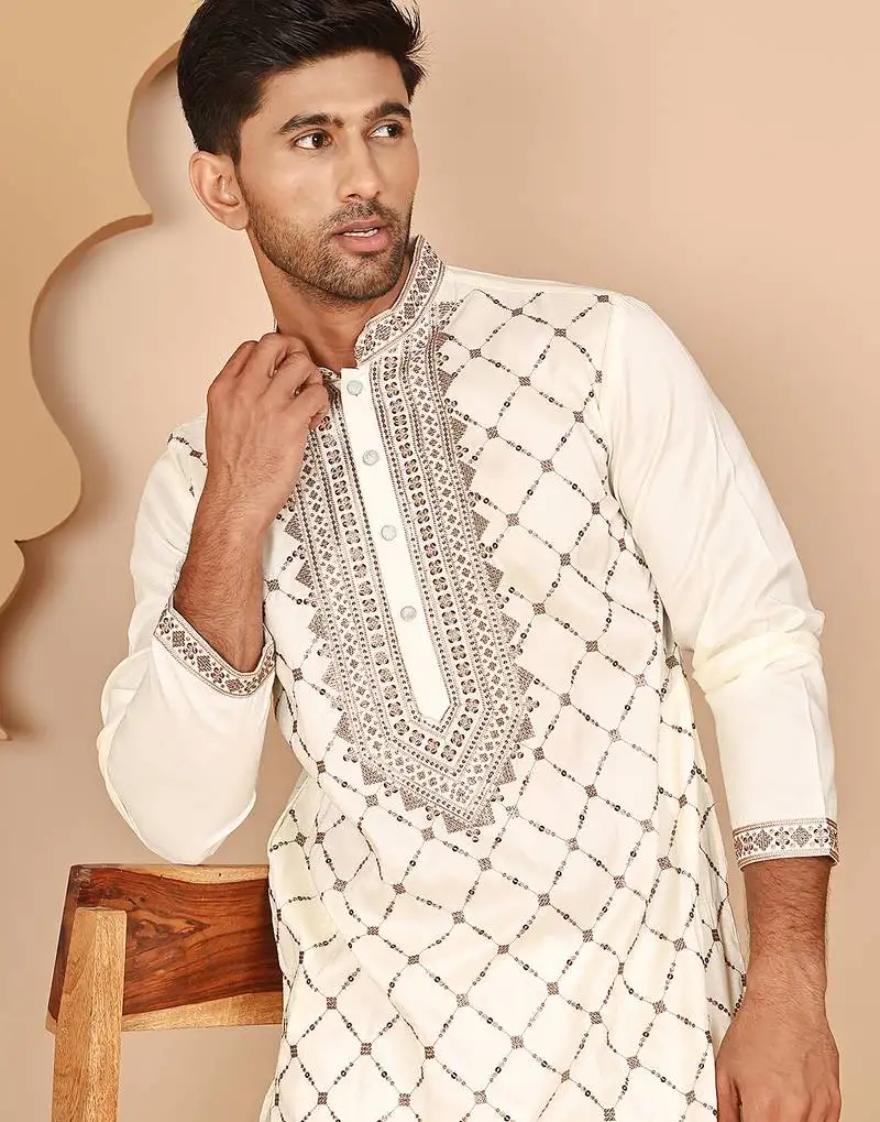 Classic white embroidered kurta pyjama set for men