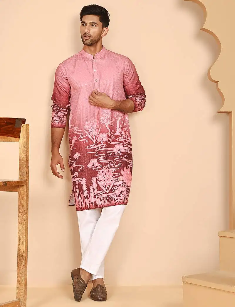 Thread work & sequin embellished printed kurta set for men