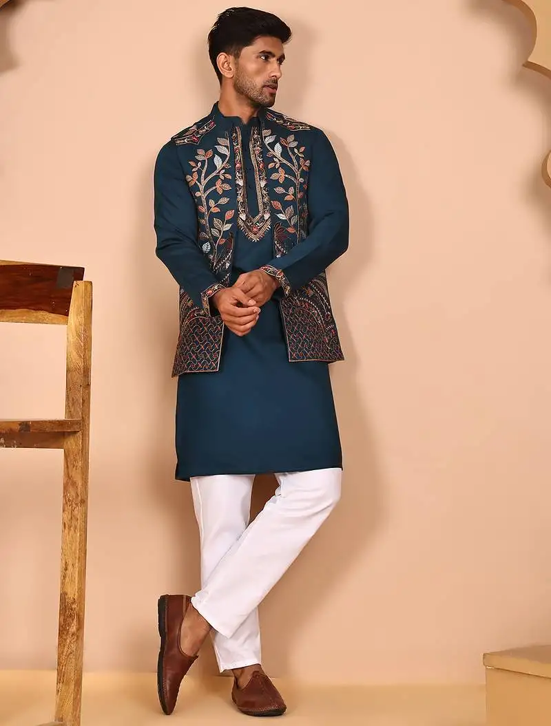 Elegant leaf embroidered waistcoat with kurta pyjama