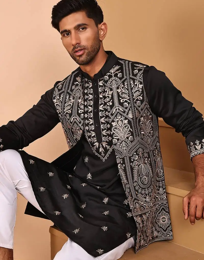 Embroidered jacket with classic olive kurta set