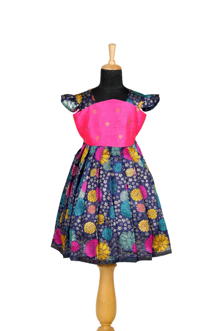Girls blue zinniah cluster pattu pavadai frocks