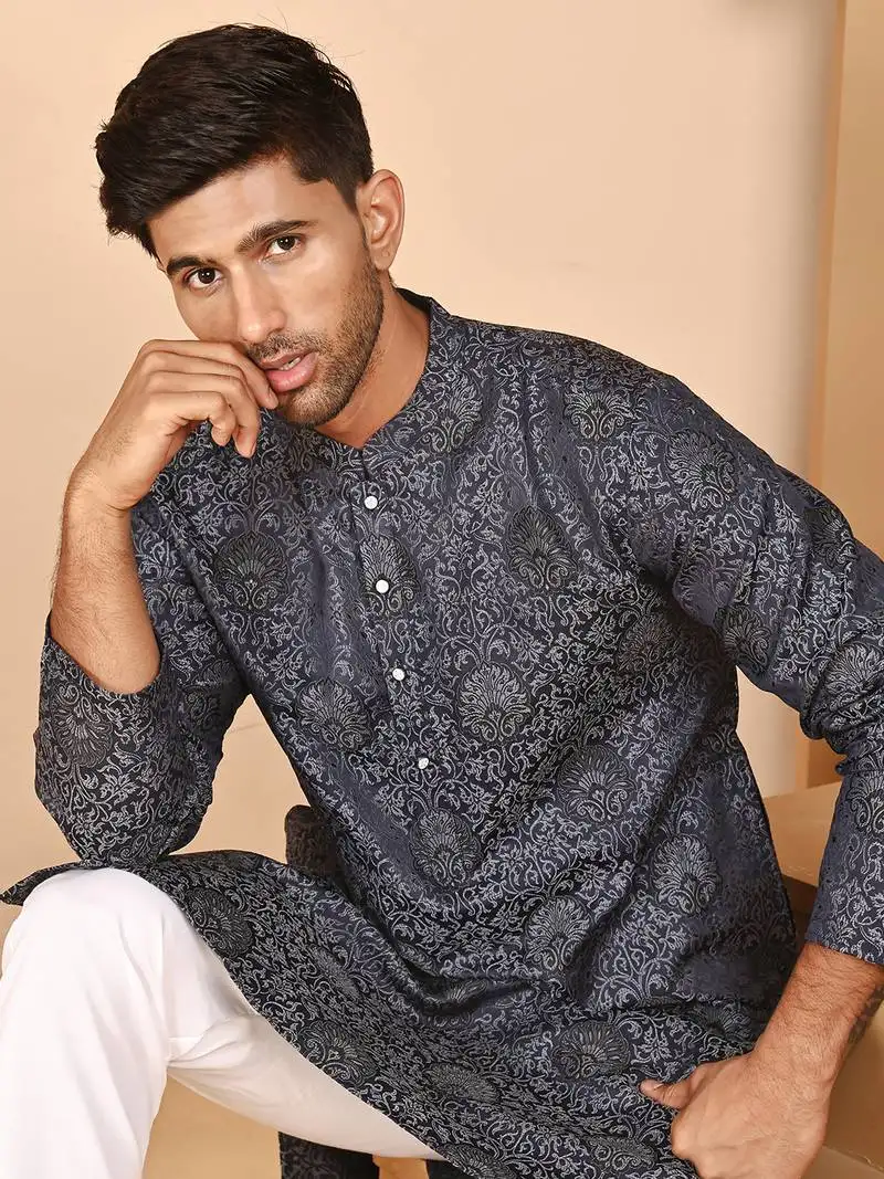Grey jacquard silk kurtas for men