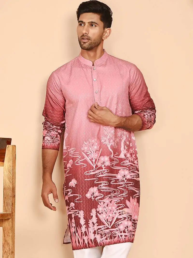 Thread work & sequin embellished printed kurtas for men
