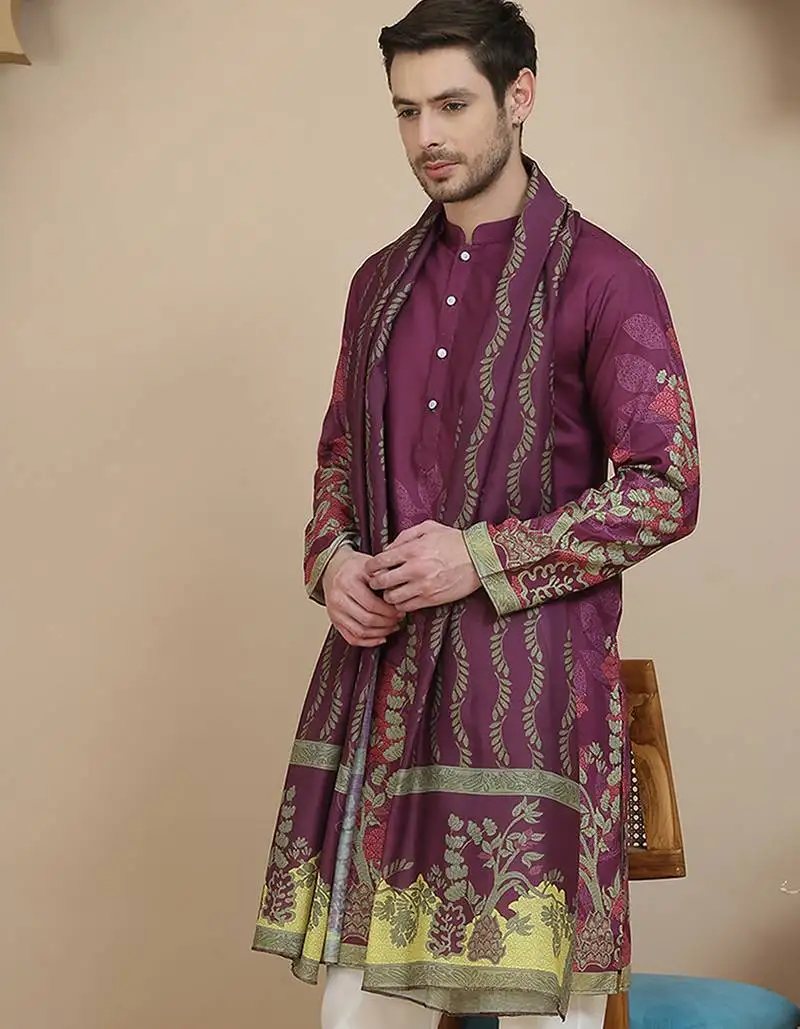 Floral printed purple cotton blend kurtas with dupatta