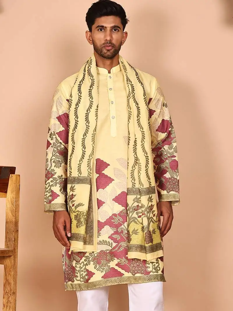 Floral printed yellow cotton blend kurtas with dupatta