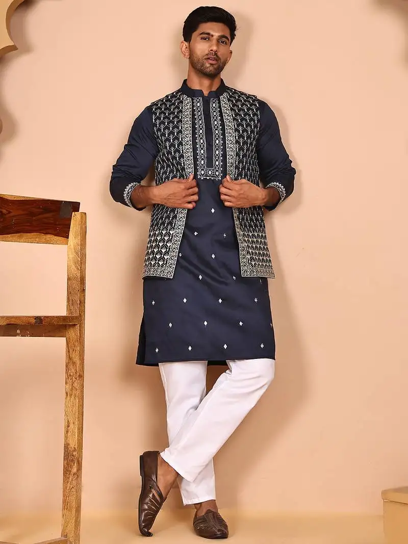 Classic magenta kurta pyjama with embroidered waistcoat