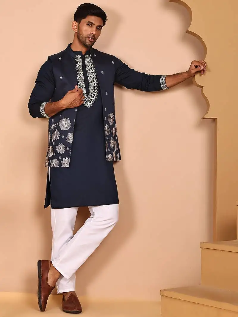 Navy blue kurta set with floral embroidered waistcoat