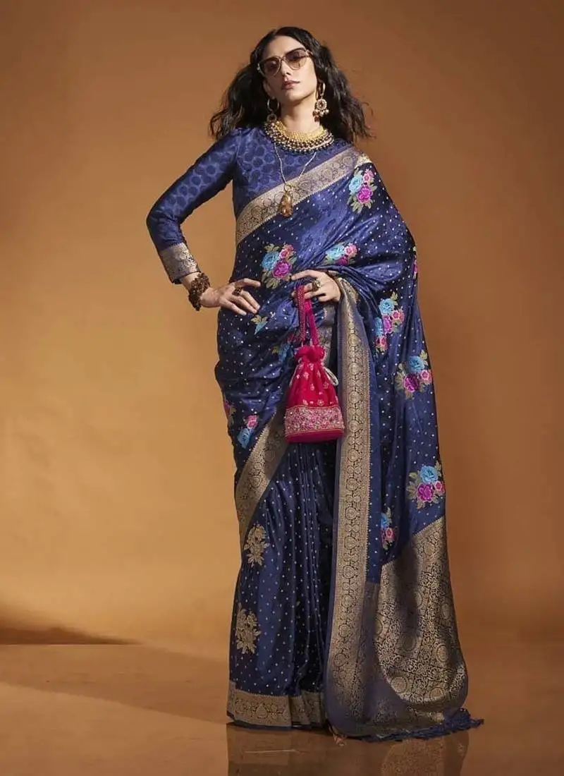 Navy blue satin multi courted weaving work saree