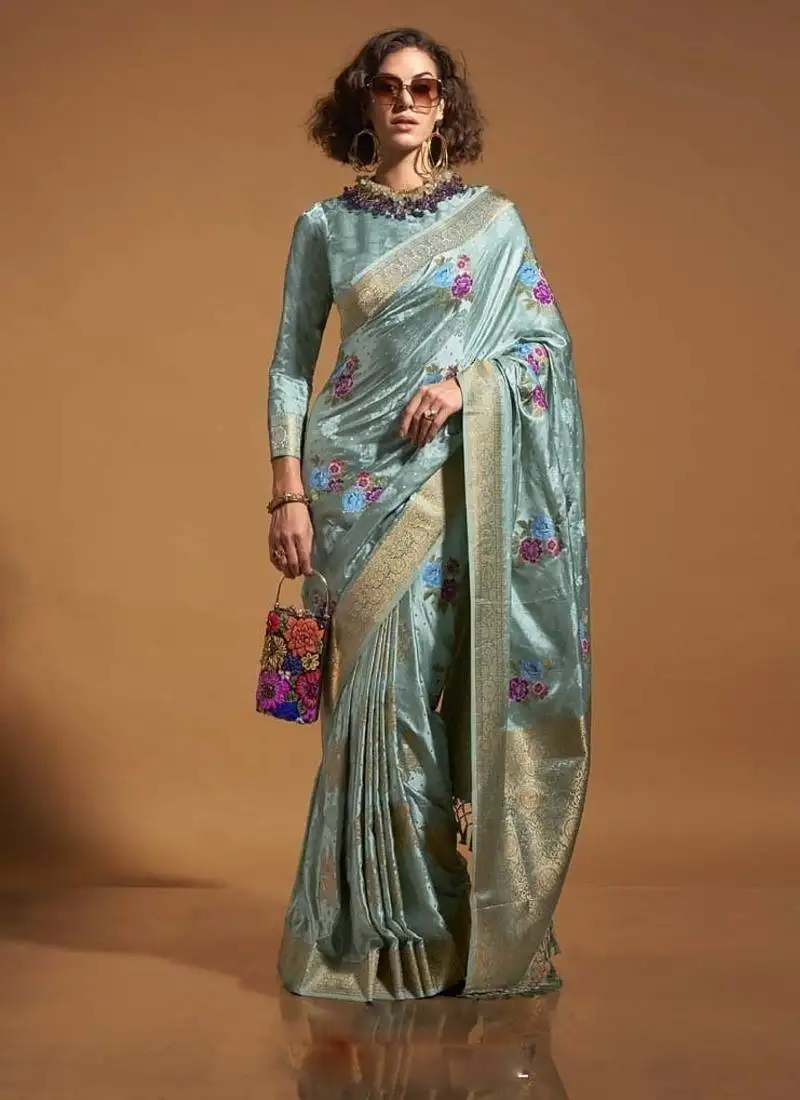 Sky blue satin multi courted weaving work saree