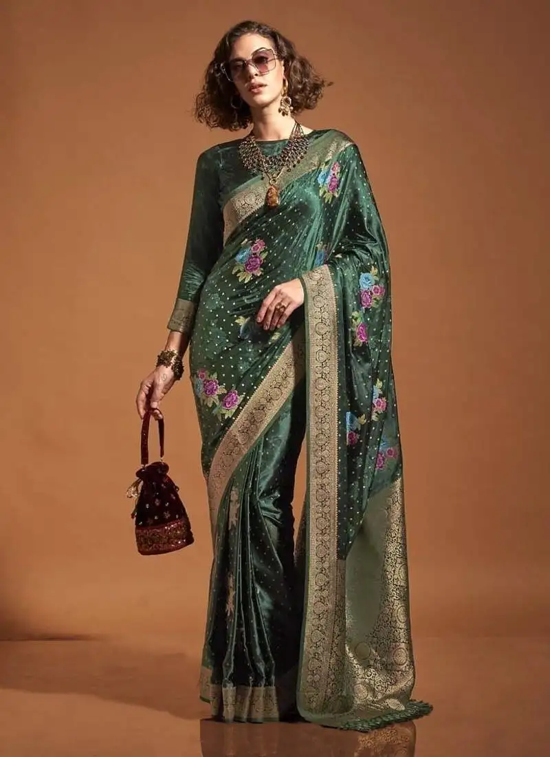 Dark green satin multi courted weaving work saree