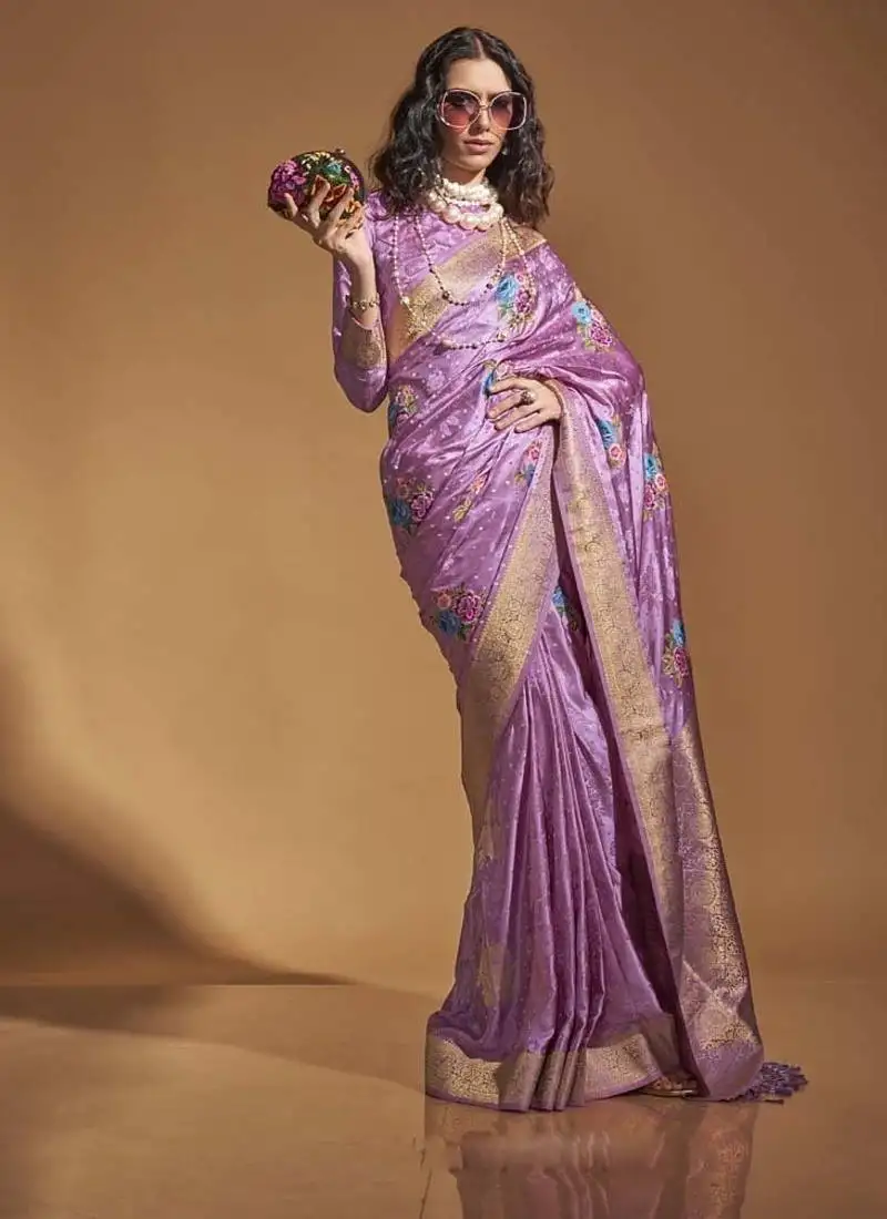 Baby pink satin multi courted weaving work saree