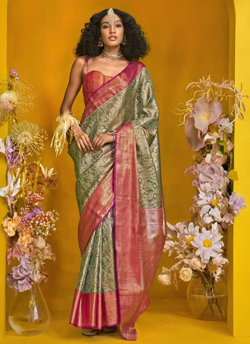 Mehendi & pink silk blend handloom weaving saree