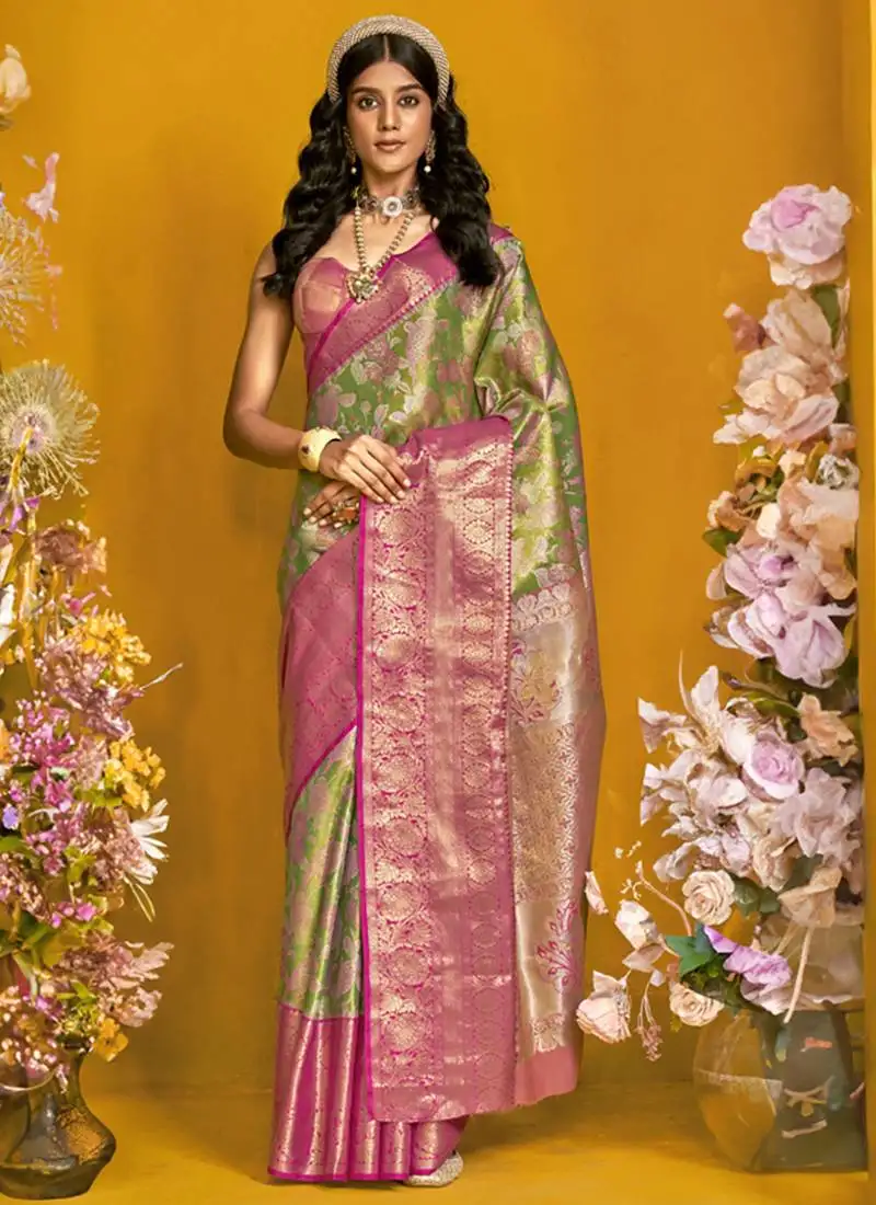 Pink & olive silk blend handloom weaving saree