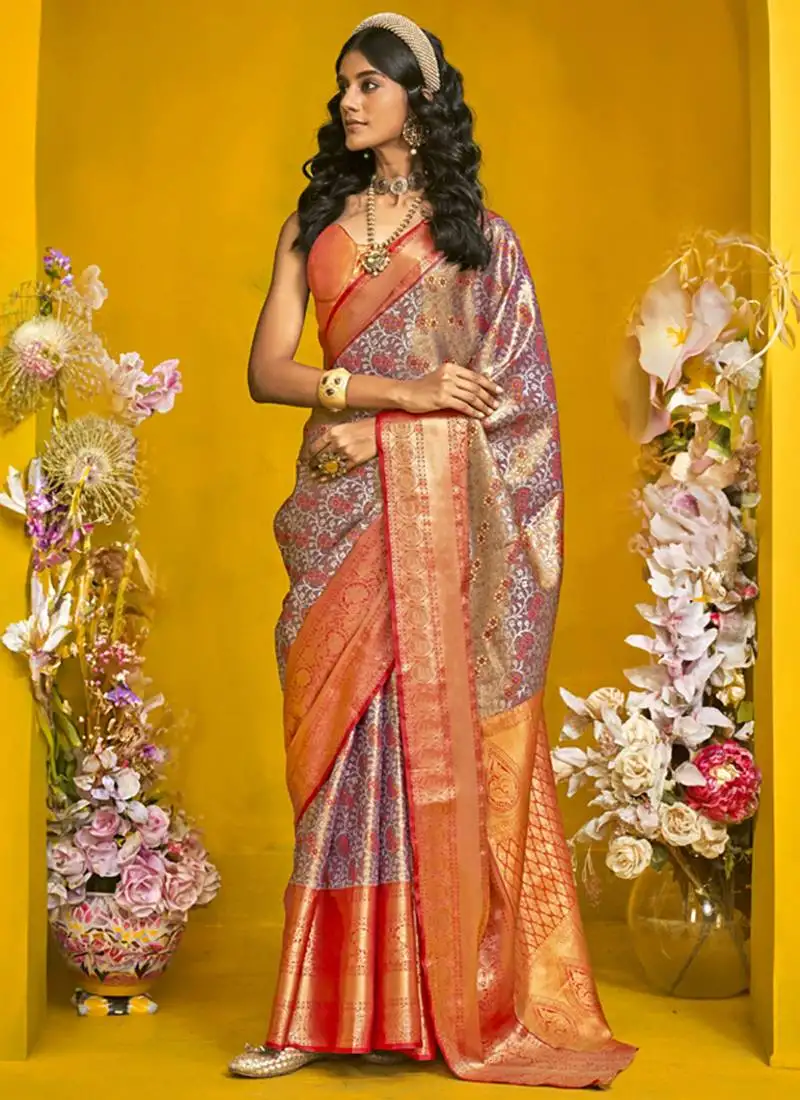 Grey & red silk blend handloom weaving saree