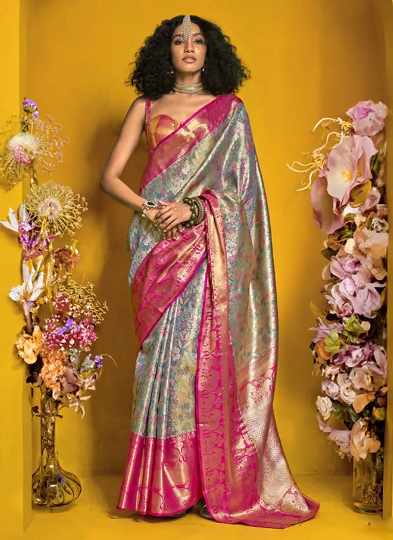 Grey & rani pink silk blend handloom weaving saree