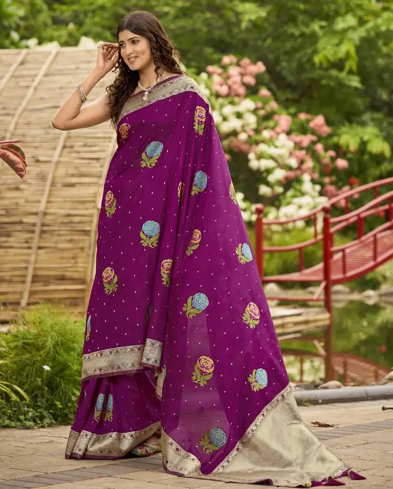 Magenta satin silk blend jacquard saree with blouse piece