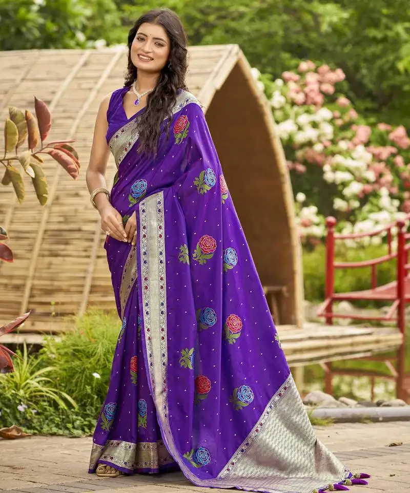 Purple satin silk blend jacquard saree with blouse piece