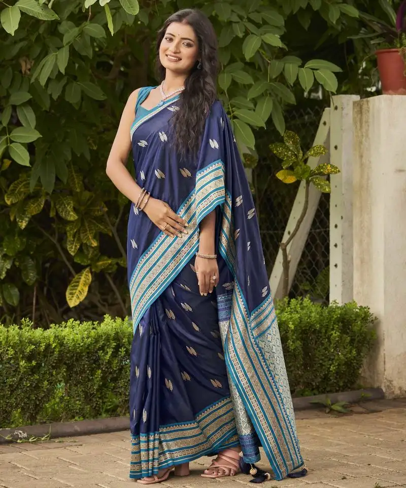 Navy blue satin silk blend jacquard saree with blouse piece