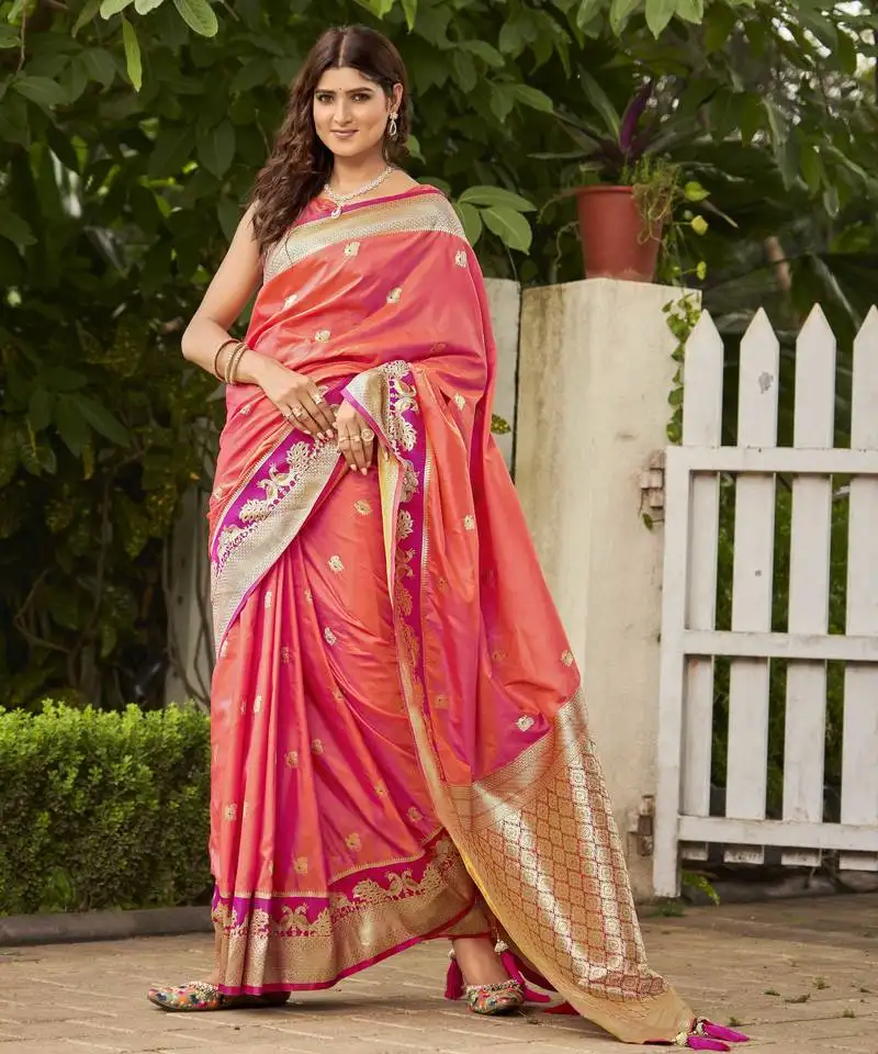 coral orange satin silk blend jacquard saree with blouse piece