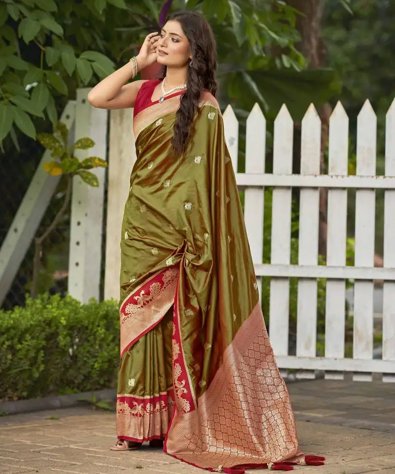 olive green satin silk blend jacquard saree with blouse piece