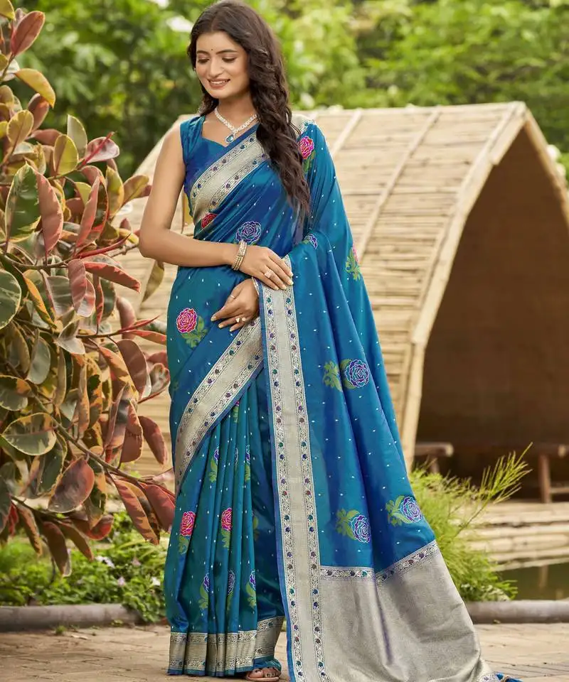 peacock blue satin silk blend jacquard saree with blouse piece