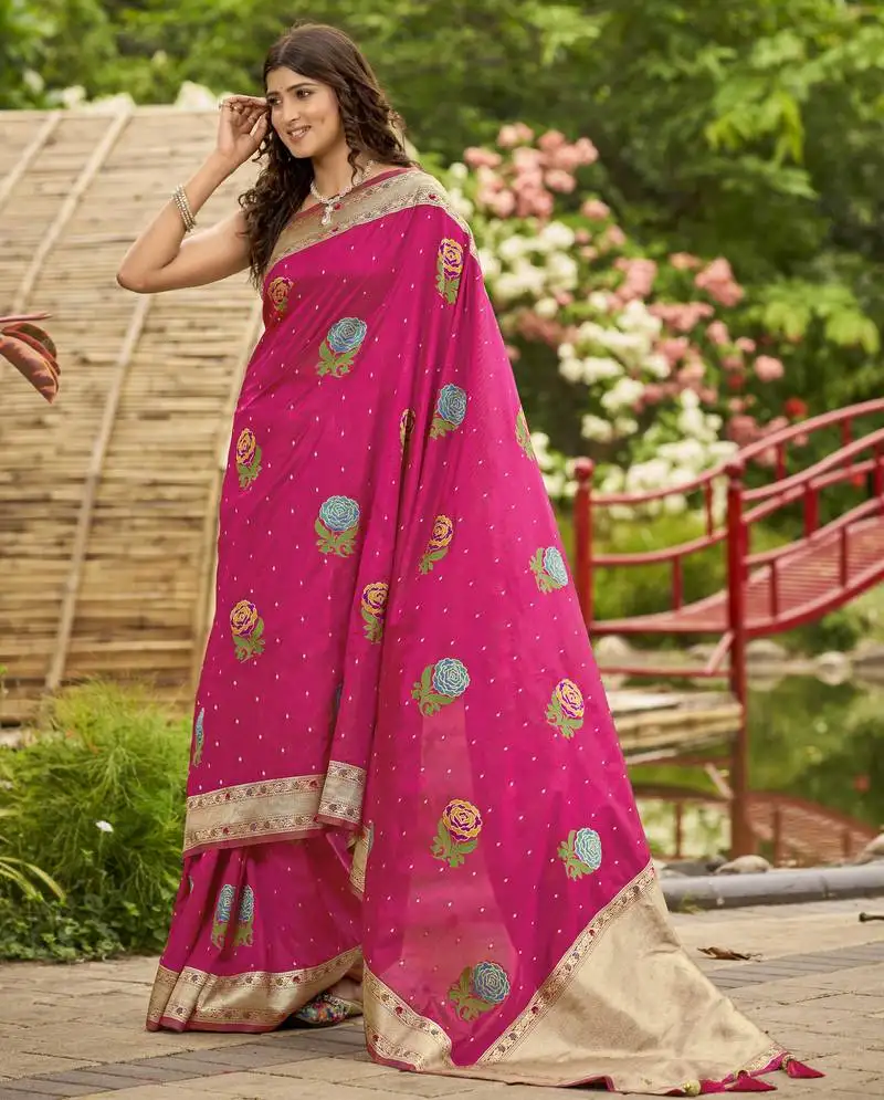 lemonade pink satin silk blend jacquard saree with blouse piece