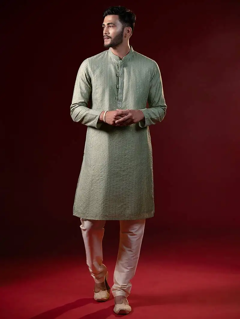 Greenish grey embroidered kurta set
