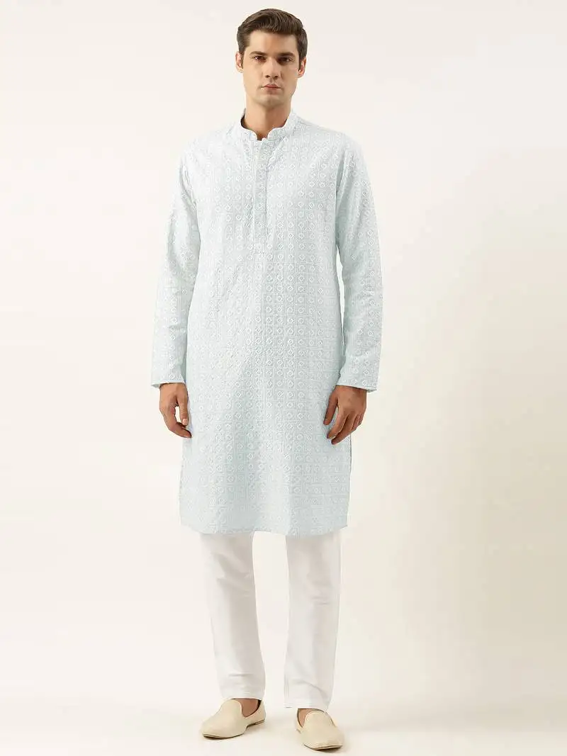 Aqua blue embroidered kurta set