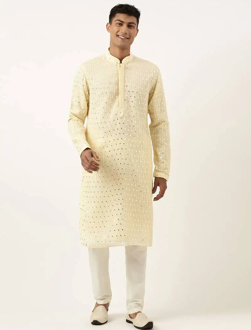Lemon yellow mirror embroidered kurta set
