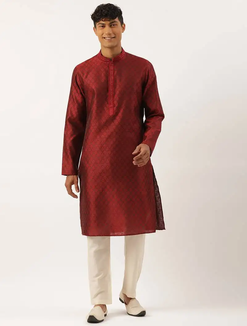 Maroon jacquard embroidered kurta set