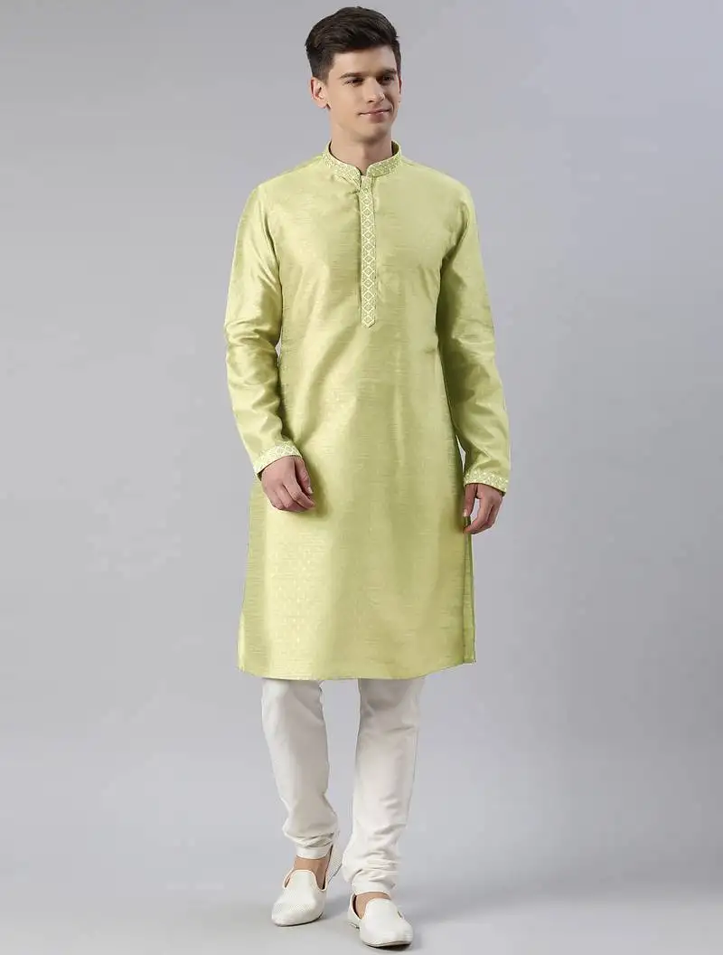 Dusty green self jacquard art silk embroidered kurta set