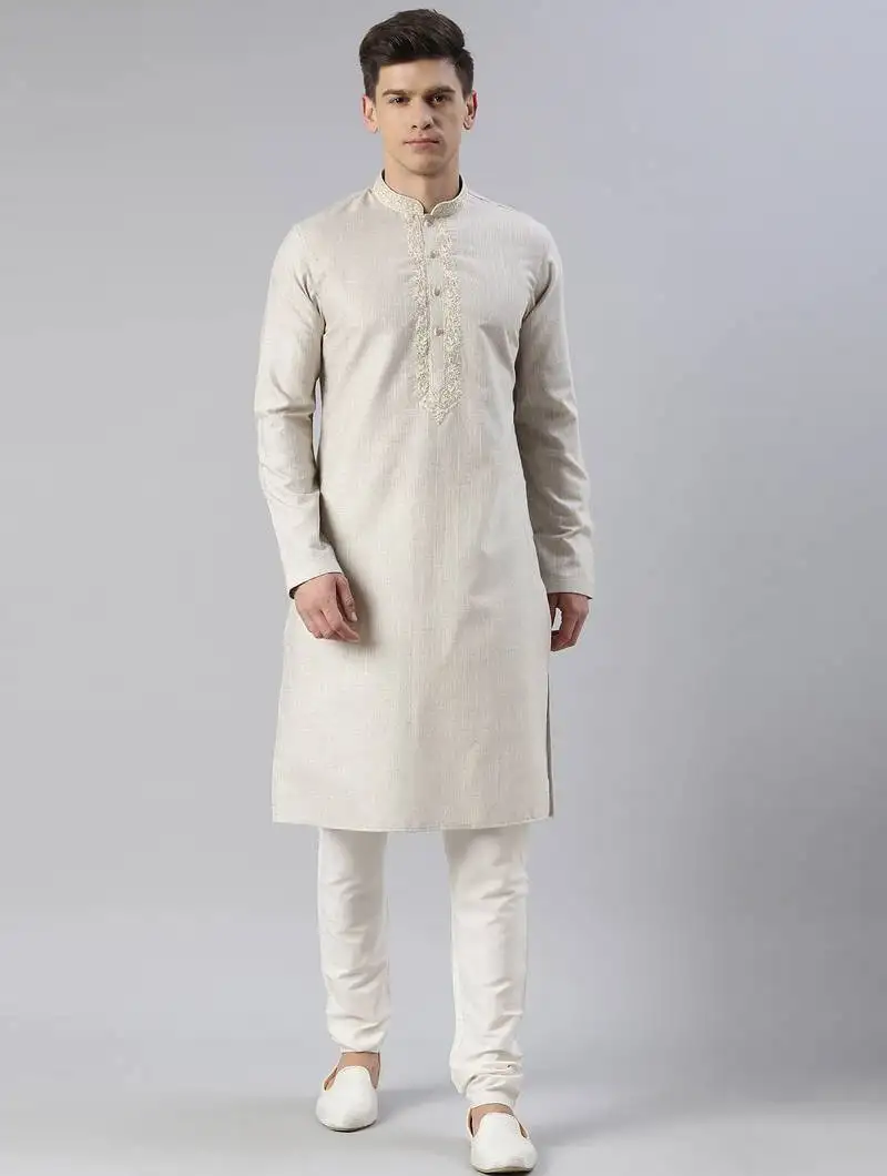 Beige yellow linen embroidered kurta