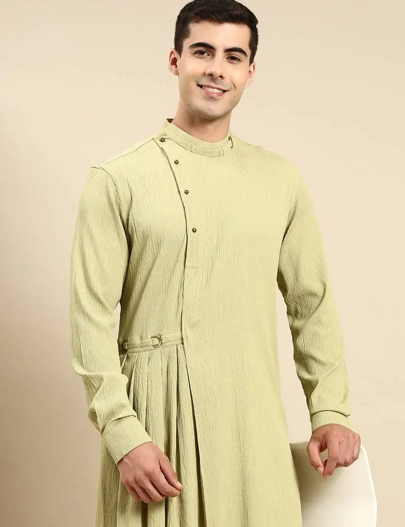 Pistachio side placket asymetrical drape kurta set