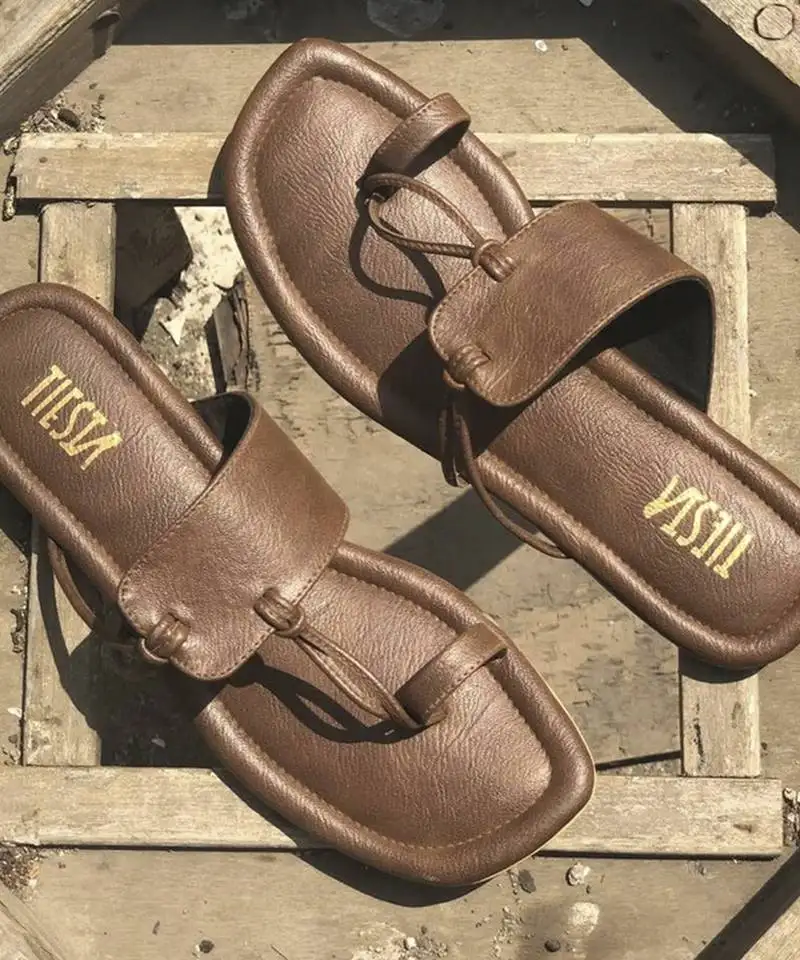 Brown solid synthetic leather kolhapuri