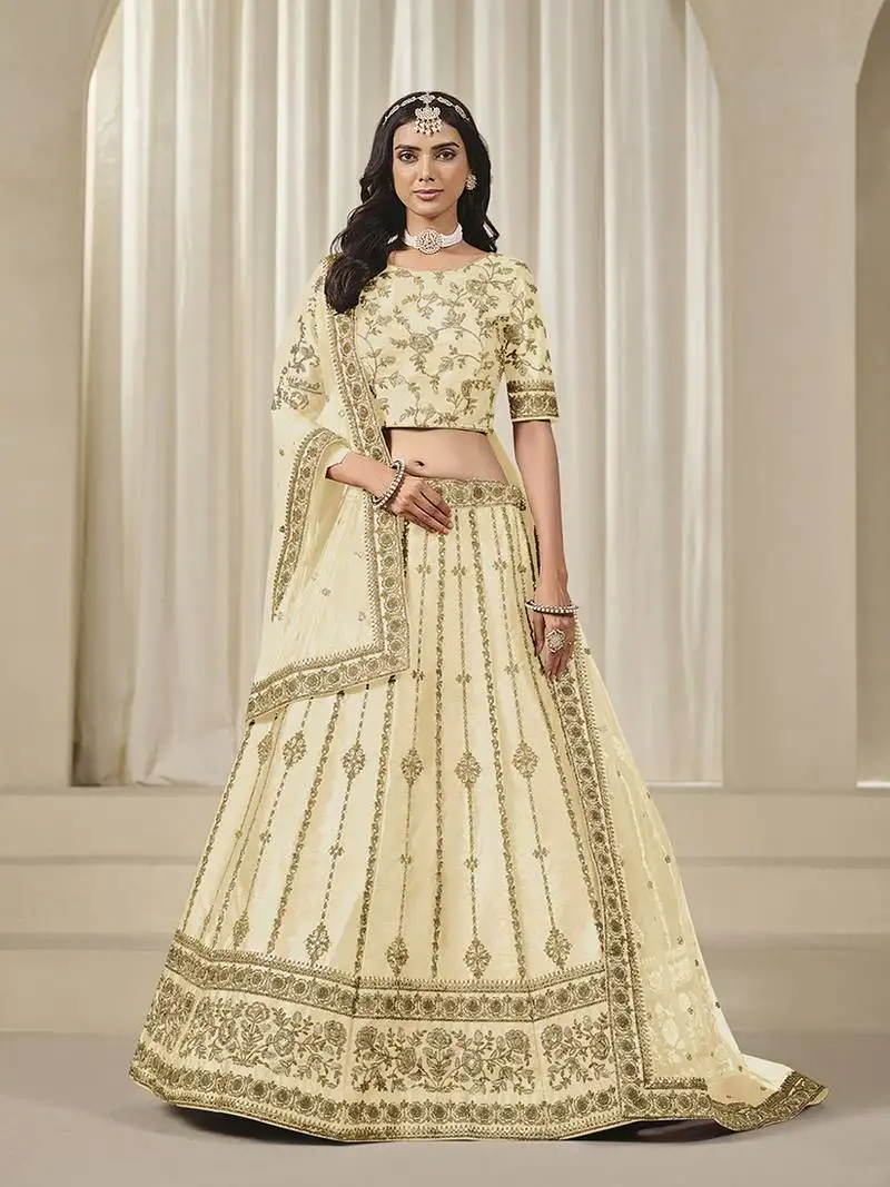 Cream embroidered art silk reception a line lehenga choli