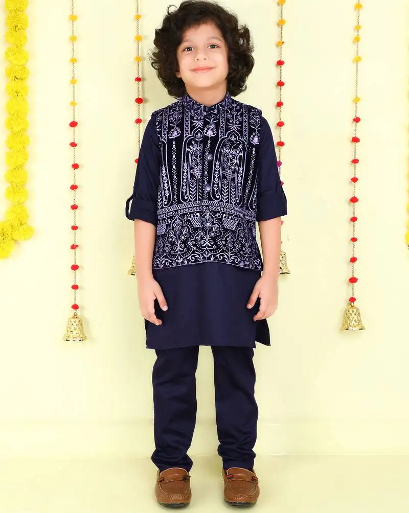 Navy blue zari embriodered coton silk ethnic jacket with kurta set