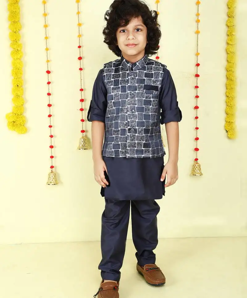 Navy blue woven jaquard brick pattern ethnic jacket with kurta set