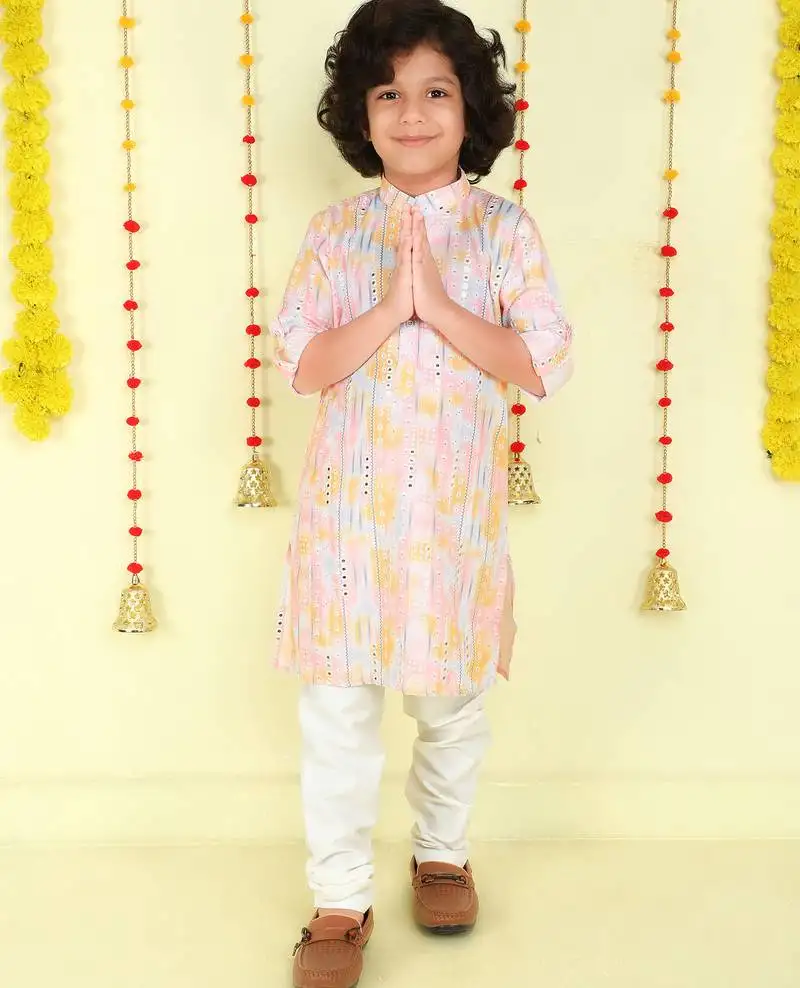 Pink mirror embriodered cotton kurta with pyjama set