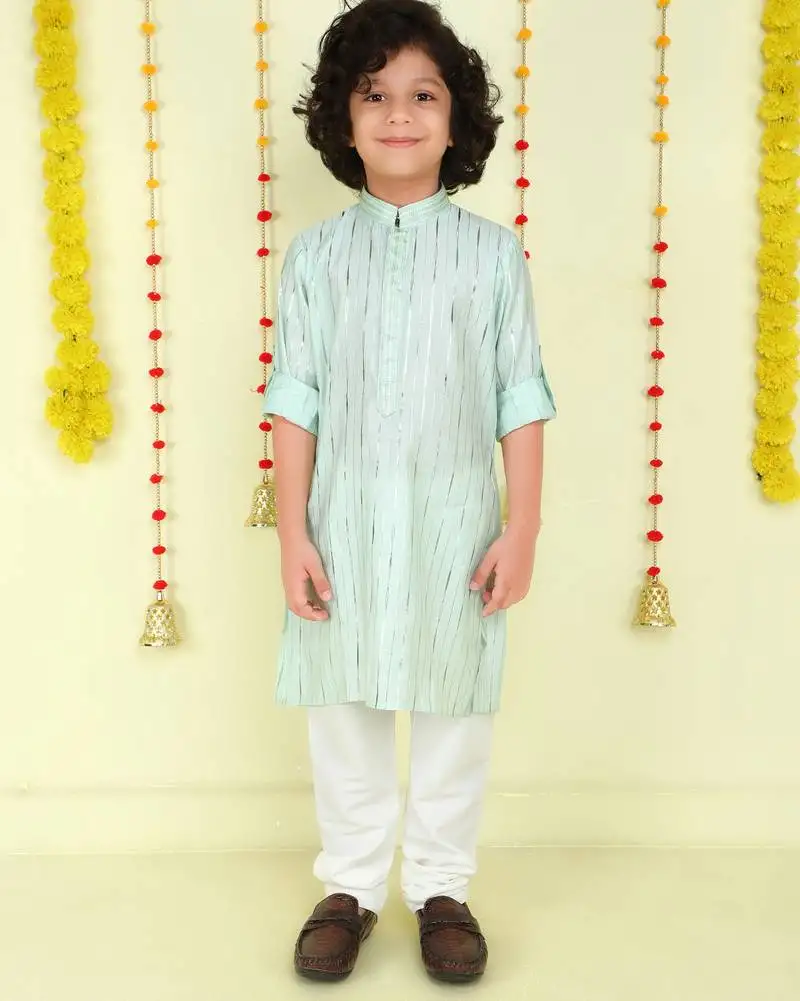Sea green foil stripes woven kurta and pyjama set