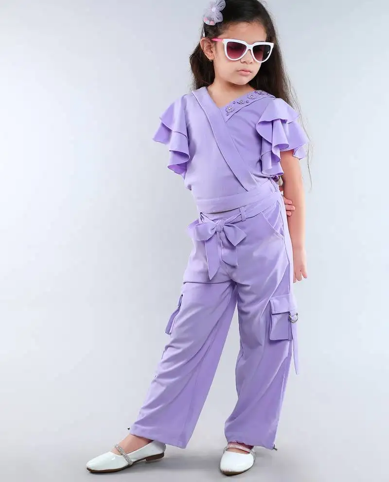 Lilac wrap style solid embriodered co-ord set