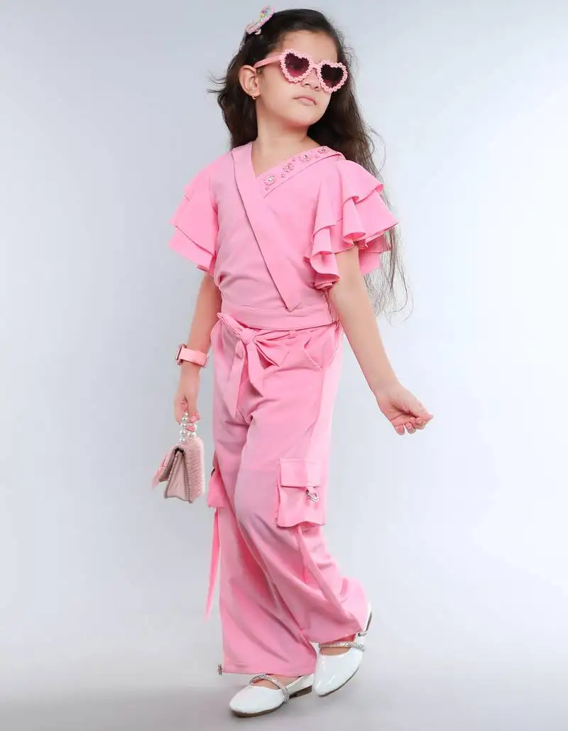 Baby pink wrap style solid embriodered co-ord set